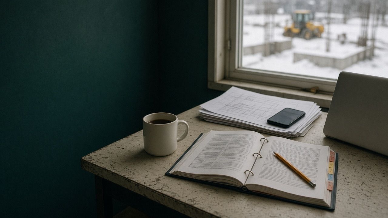 Une tasse de thé à côté d’un ordinateur portable dans un bureau de chantier.