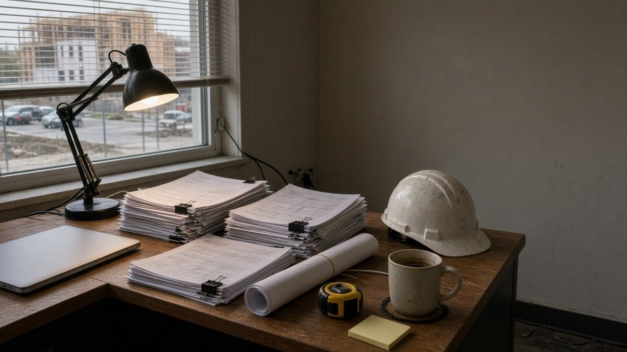 Un bureau en fin de journée : des piles de documents d’appel d’offres, des plans roulés, un casque de chantier et une tasse sous une lampe, un chantier par la fenêtre.