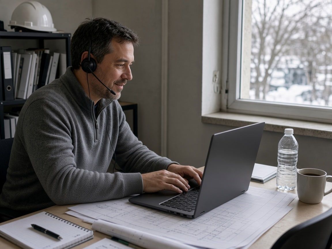 Un estimateur avec un casque d’écoute, en rencontre vidéo sur son portable, des plans et un carnet devant lui.