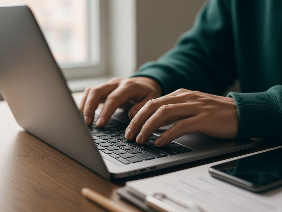 Gros plan sur les mains d’une personne qui écrit au clavier d’un portable, un téléphone et des papiers à côté.