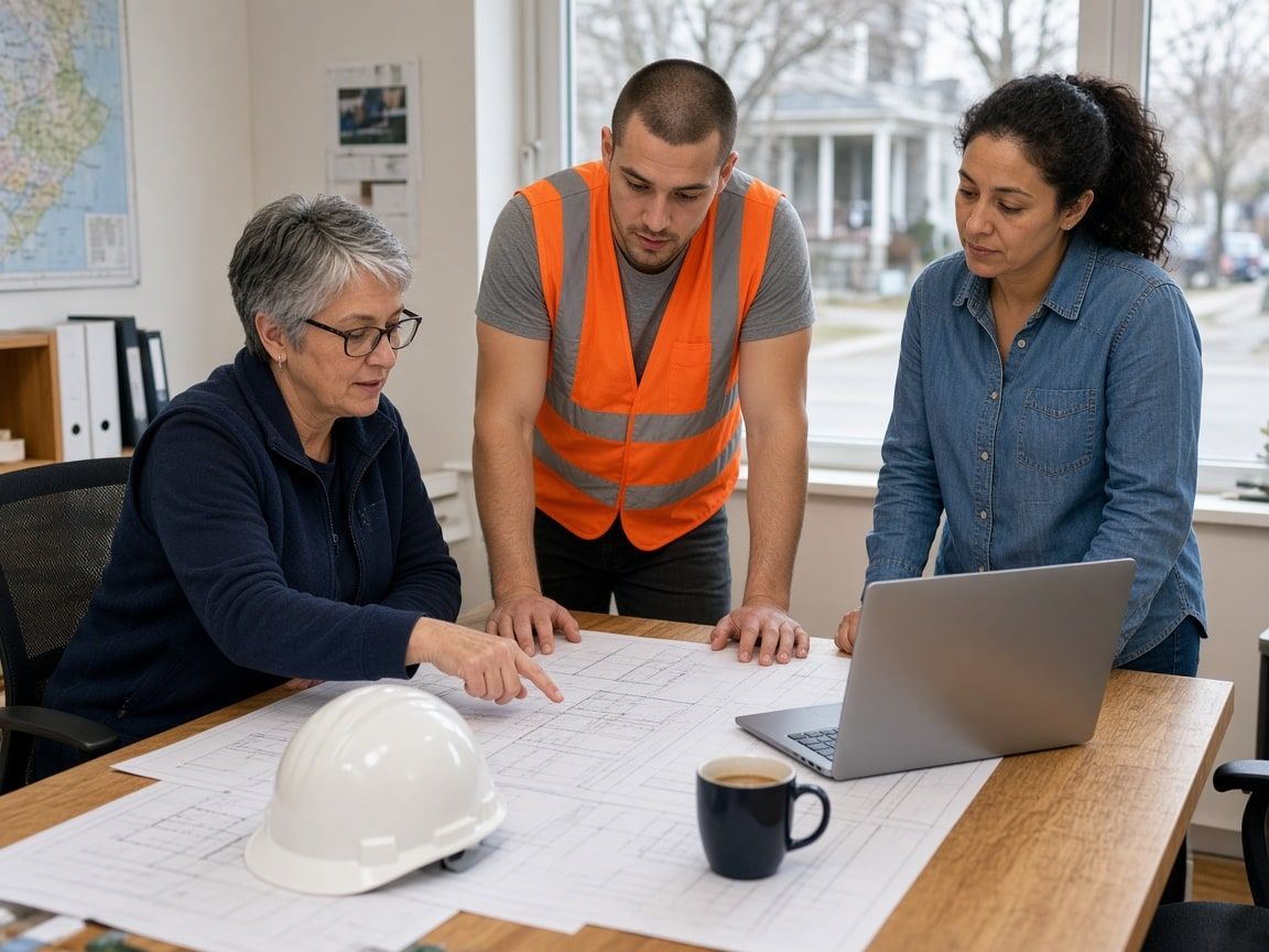 Trois collègues réunis autour d’une table, penchés sur des plans et un portable, discutent d’un projet.