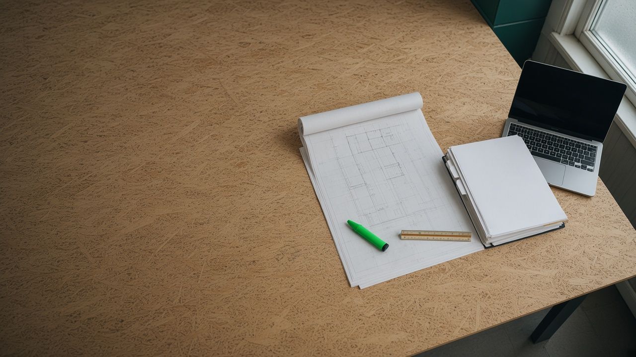Des plans de construction étalés sur une table, vus du dessus.